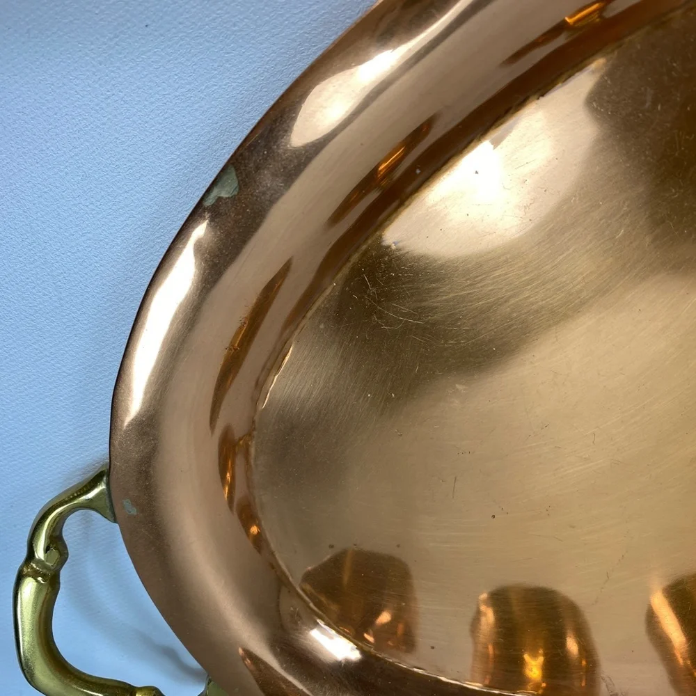 VTG Mexico Brass Copper Plate 6 Tequila Stem Cups & Oval Tray w Handles 11 x 7